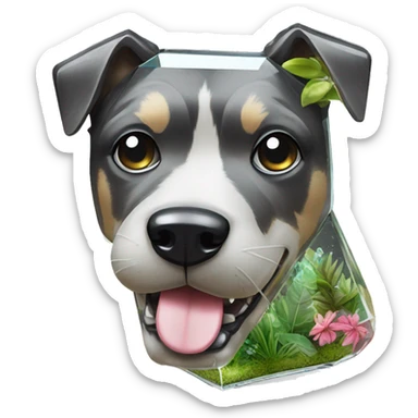 A dog made of glass mirror crystals prisms glass transparent filled with plants as a terrarium with graffiti doodles sticker