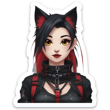 Gorgeous gothic dark techwear anime style anthro cat furry with blushing face aesthetic and pretty edgy black red punk messy ponytail hair with collar and harness trending style sticker
