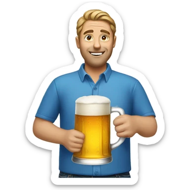 blue shirt portrait of man holding beer sticker