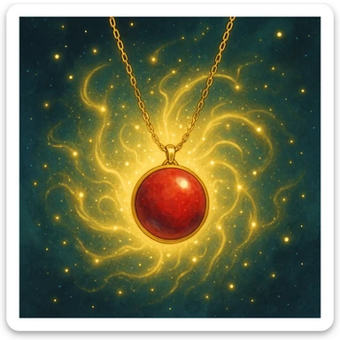 conceptual ethereal design of a red ball granite pendant on a delicate gold chain, surrounded by shimmering energy sticker