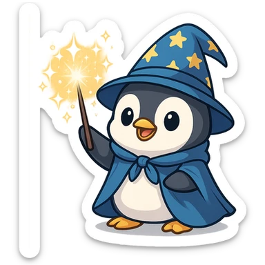 a cute penguin wizard casting a spell, sparkly effects, cartoon style sticker