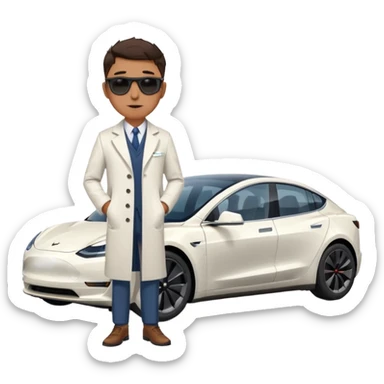 White tesla model 3 with a cool physician with sunglasses next to it sticker