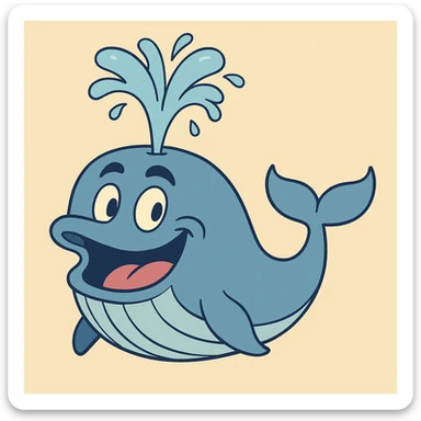 a blue whale spouting water, minimal shading, playful expression, flat toon style sticker