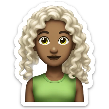 long curly hair,eyes with a hint of green, eyes positive  canthal tilt ,medium thick shaped eyebrows , and medium thin lips, round face shape, soft jawline, full body, teen, sensual, american sticker