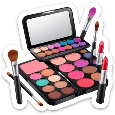 A photorealistic icon featuring makeup brushes, lipstick, eyeshadow palette, and a compact mirror with a completed makeup look. Bright, detailed design with realistic textures and lighting. Transparent background, clearly symbolizing makeup and beauty. sticker