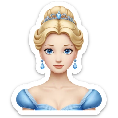 Cinematic Realistic Noble Cinderella Portrait, depicted with porcelain skin rendered in lifelike detail and soft, natural lighting that highlights every delicate nuance. Her intricately styled golden-blonde hair is arranged in an elegant updo, and her deep, expressive blue eyes radiate quiet determination. She wears her classic ball gown with rich fabric textures and delicate folds catching the light beautifully, all set against a subtly glowing, natural background that captures the essence of timeless royal grace. sticker