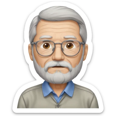 old man with long hair and beard wearing glasses with shirt sticker
