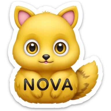 tiny yellow animal with big eyes holding 'N.O.V.A.' text, adorable and friendly, emoji style sticker