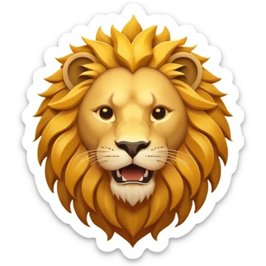 Roaring lion head icon, flat design, simple shapes, golden mane, sun behind, minimal details, solid colors, app icon style sticker