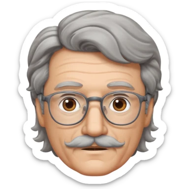 Generate a portrait of a slightly older man with glasses. His hair is quite thin, gray, but wavy. He has brown eyes and a mustache. sticker