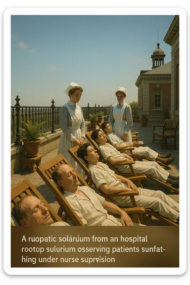 A realistic cinematic image of a hospital rooftop solarium from the 1900s, patients sunbathing under nurse supervision for heliotherapy against tuberculosis and rickets. sticker