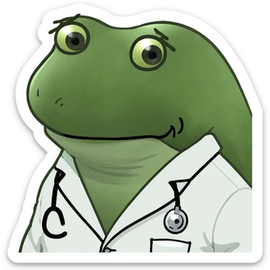 bufo frog in a white medical coat, sad eyes, facing forward sticker