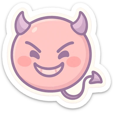 devil emoji in chibi style with pastel palette of soft pink and lavender, small horns, mischievous grin, gentle highlights sticker