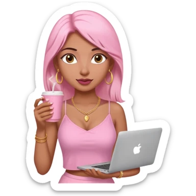 a pretty fair indian bratz girl with a pink cami top, drinking takeaway brown coffee, golden dainty necklace and carrying a white macbook sticker