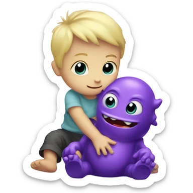 Little blonde baby boy playing with a purple monster friend sticker