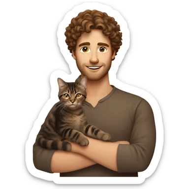 Man with brown curly hair holding dark brown tabby cat sticker