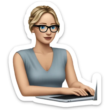 Realistic Photo of Brunette Jennifer Lawrence wearing black glasses and blue eyes talking on their laptop  sticker