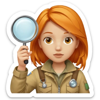 braid orange haired girl in explorer outfit, holding magnifying glass sticker
