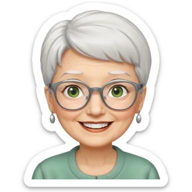 Create me emoji of an old lady. Short white hair to left side. Square glasses. Gray-green eyes. Big smile. sticker