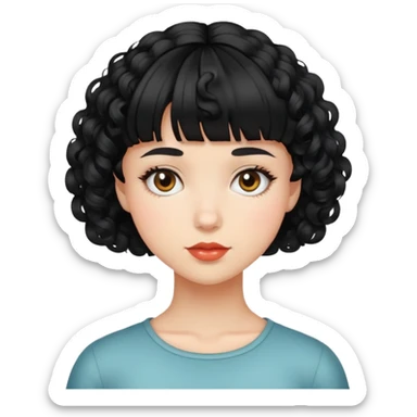 Garota de cabelo preto curto e cacheado com franjinha sticker