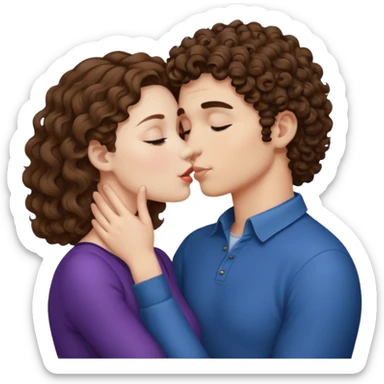 A couple kissing, the man would be white-skinned, short-curly, brown-haired. The serious woman with white skin, long hair and brown color sticker