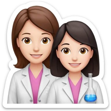 cientificas con blusa rosa y bata blanca felices, una chica con pelo marrón y otra chica con pelo negro sticker