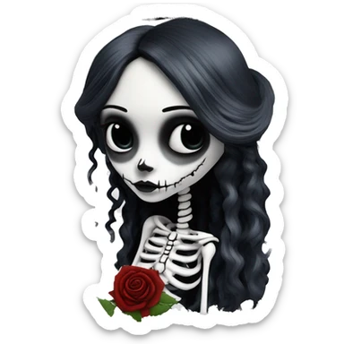 full height skeleton, tim burton "corpse bride", thin porcelain doll with a cracked face, goth makeup watery eyes, long hair, lace and ruffles, lolita style, inked, black and white, red roses, gothic castle with roses sticker