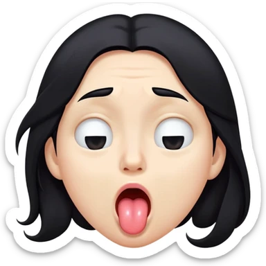 surprised and disgusted face with long black hair, goopy white liquid on cheeks, lips, and tongue, tongue sticking out, eyes shut, expressive face sticker