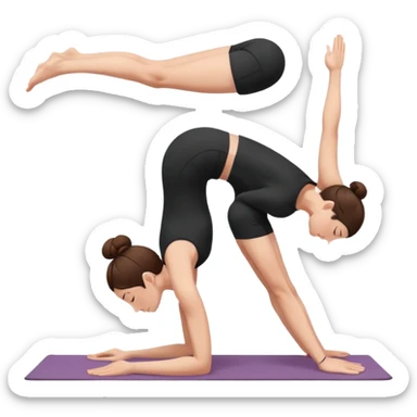 Minimalist flat vector illustration of a woman doing yoga in forward fold pose (Uttanasana), wearing sportswear (black top and black shorts), brown hair in a bun, clean white background, no face details, elegant style sticker
