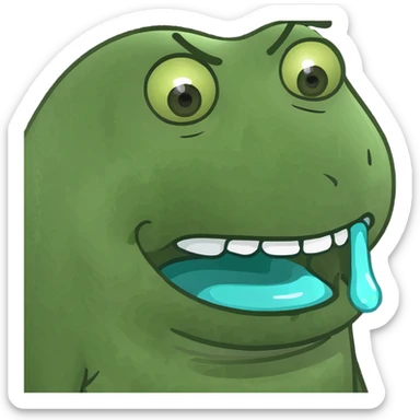playful green semi-transparent emoji with melting goopy texture, wide mouth, expressive eyes, channeling chaotic energy of AI slop and Slimer sticker