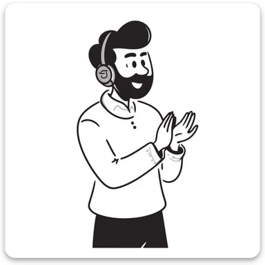 Anime style man with black hair, brown eyes, and black beard wearing gaming headset and clapping in celebration, anime art style sticker