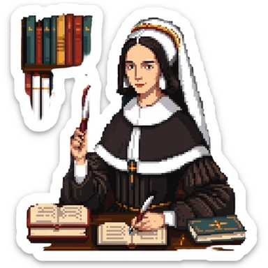 Sor Juana Inés de la Cruz with a quill pen and books sticker