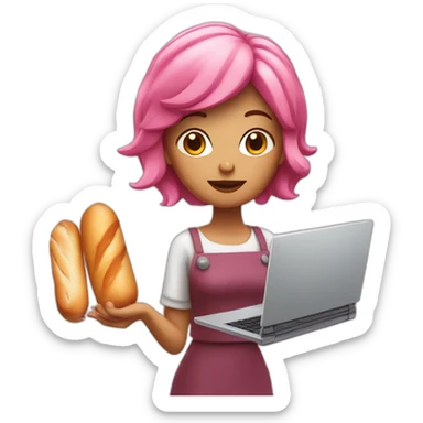lady with pink Hair holding a baguette and a laptop sticker