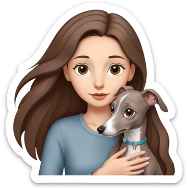 A girl with long brown hair holding a gray Italian greyhound sticker