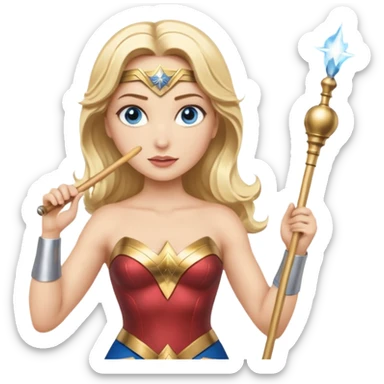 Blonde blue eyed Wonder Woman holding white orchestra conductor’s baton and bell  sticker