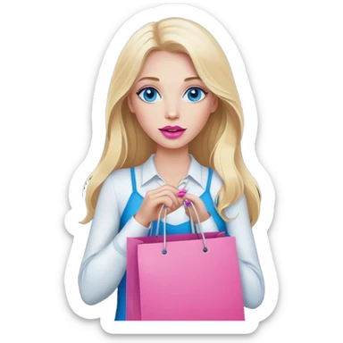 Cinematic realistic blonde with long hair, blue eyes and pink lips holds shopping bags in her hands sticker