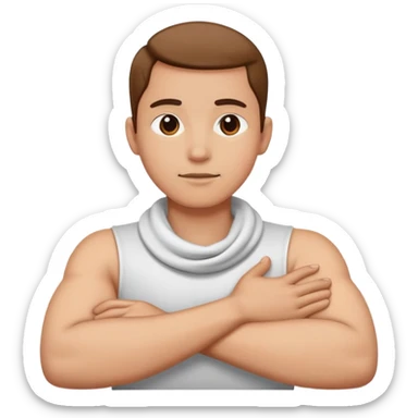 person with arms crossed holding neck sticker