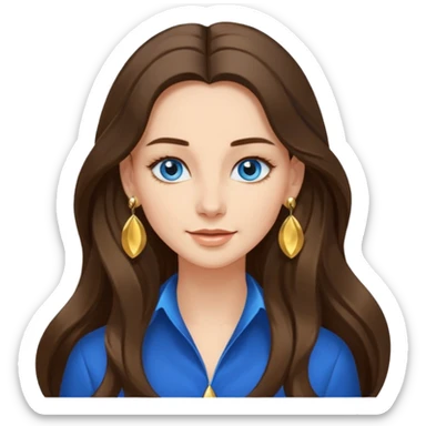 
Create an emoji of a brunette with blue eyes. She should have long hair, stylish clothing, and a friendly facial expression. Add some accessories like earrings or glasses to make the look more interesting. sticker