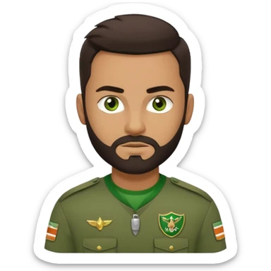A strong young man, with a dark brown short goatie beard, thick eyebrows, green eyes, faded styled dark brown hair, and a green Uniform that says on the left chest "CC Team Seba" sticker