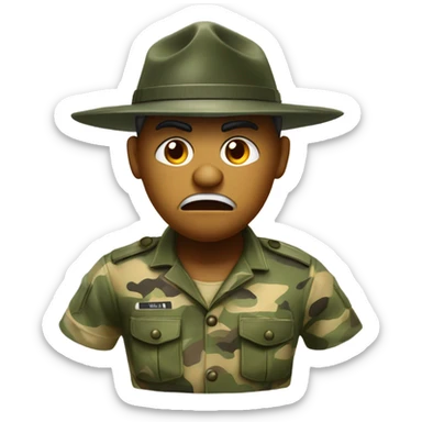 drill sergeant character wearing a classic sergeant hat and a camouflage army shirt. The character should have an angry intense expression. full torso sticker