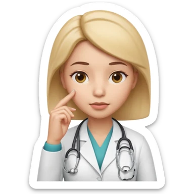 3D memoji female doctor, hand touching chin in thinking pose, thoughtful expression, slightly narrowed eyes, professional medical look, isolated PNG sticker