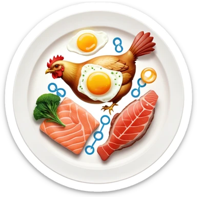 Floating plate with protein foods: large golden chicken breast in the center, smaller salmon fillet, red meat steak, and an egg, all orbiting a DNA double helix, with energy rays connecting to a muscular figure silhouette sticker