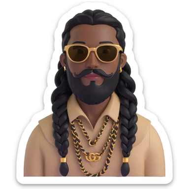 3D emoji man with medium to dark skin tone, long black hair in tight braids, connected beard and mustache, rectangular gold sunglasses, light beige Gucci top with GG pattern, visible collar sticker