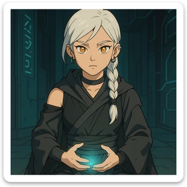  a closeup portrait of young woman with gold yellow eyes, white hair, long braid, black off-shoulder top, punk gothic style, futuristic cyberwave cyberpunk,  jedi attire, kneeling and gathering chi, jedi meditate sticker