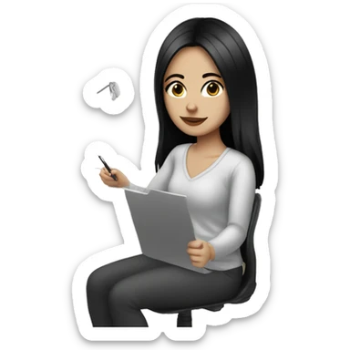 Pretty white girl with black hair and dark brown eyes working at home sticker