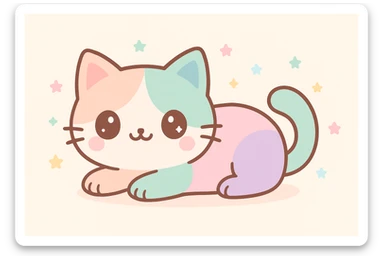 Create a cute pastel cat with big eyes, lying down pose, in kawaii style, suitable for Redbubble products. sticker