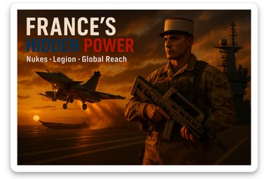Reformat the image for a YouTube video thumbnail with a 16:9 aspect ratio. Include a bold and readable tricolor headline 'FRANCE’S HIDDEN POWER' and clear subtext 'Nukes • Legion • Global Reach'. Ensure a dramatic dusk scene featuring a Rafale jet launching from the Charles de Gaulle carrier, with a Foreign Legionnaire in desert camo holding a futuristic rifle in the foreground. The style should be epic cinematic, high contrast, vibrant colors, optimized for YouTube thumbnail visibility. sticker