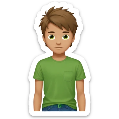 A 14 yerar old teenage boy, slightly tanned, wearing a green tshirt (no pocket), blue jeans and green sneakers with brown tousled hair, smirking sticker
