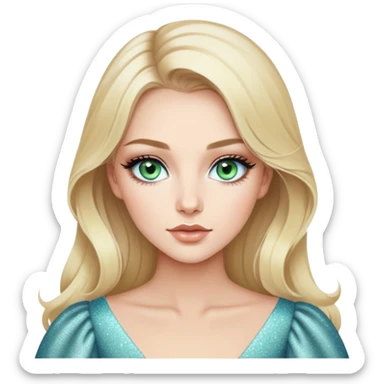 Beautiful blonde with long hair with beautiful styling with green-blue eyes, arrows are drawn on the eyes and the corners of the eyes are tinted with a pencil, her lips are painted with nude lipstick with glitter, she is wearing a white elegant blouse with volume sleeves and open collarbones sticker