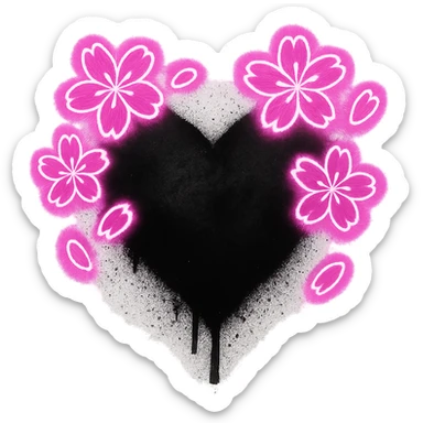 goth sakura heart, graffiti style, spray paint black heart, neon pink sakura, urban and rebellious sticker